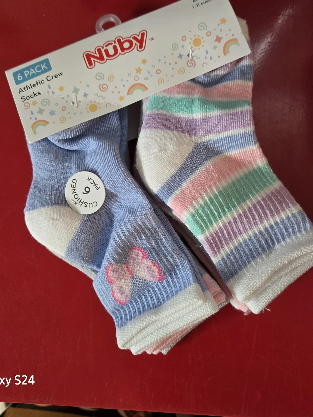 Nuby Girls' Pastel Stripe & Butterfly Crew Socks - Pink, Purple, Green